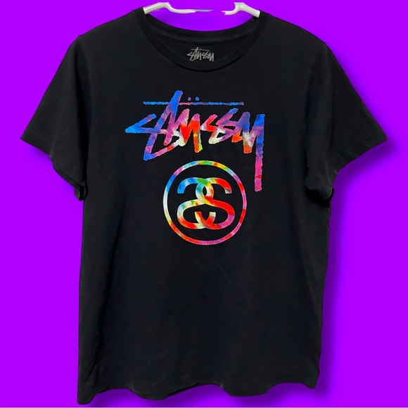 Stussy Tops - STUSSY TIE DYE LOGO T SHIRT TEE BLACK RAINBOW GRAPHIC VINTAGE STYLE SKATE MEDIUM
